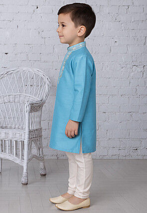 Embroidered Dupion Silk Kurta Set in Light Blue