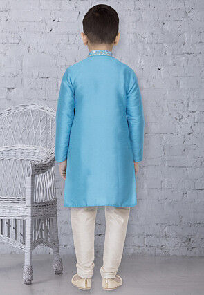 Embroidered Dupion Silk Kurta Set in Light Blue