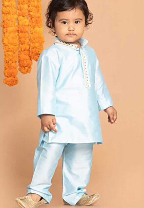 Embroidered Dupion Silk Kurta Set in Light Blue
