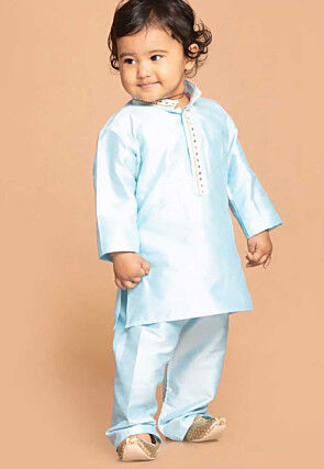 Embroidered Dupion Silk Kurta Set in Light Blue