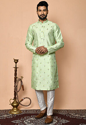 Embroidered Dupion Silk Kurta Set in Light Green
