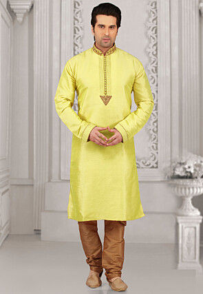 Embroidered Dupion Silk Kurta Set in Light Green