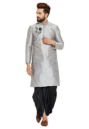 Embroidered Dupion Silk Kurta Set in Light Grey