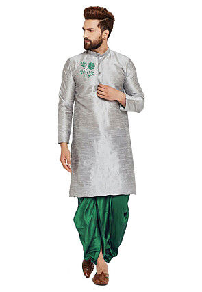 Embroidered Dupion Silk Kurta Set in Light Grey