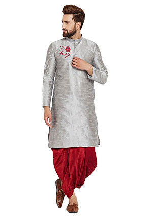 Embroidered Dupion Silk Kurta Set in Light Grey