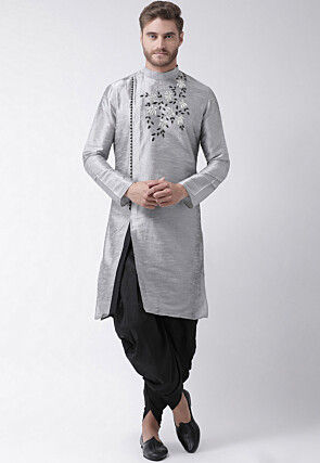 Embroidered Dupion Silk Kurta Set in Light Grey