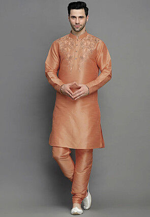 Embroidered Dupion Silk Kurta Set in Light Orange