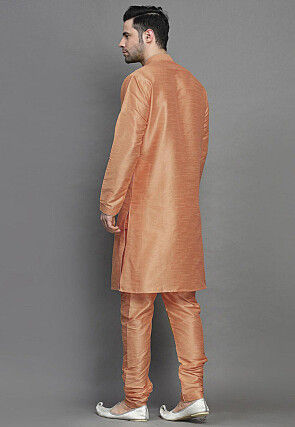 Embroidered Dupion Silk Kurta Set in Light Orange
