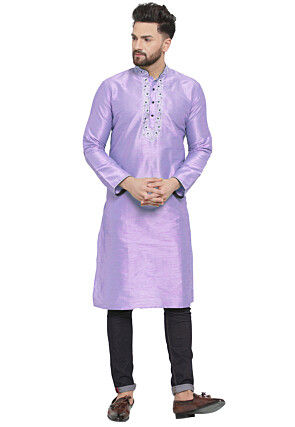 Embroidered Dupion Silk Kurta Set in Light Purple