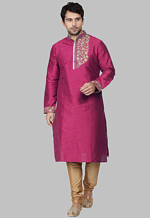 Embroidered Dupion Silk Kurta Set in Magenta