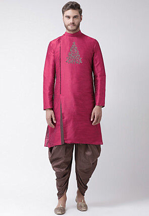 Embroidered Dupion Silk Kurta Set in Magenta