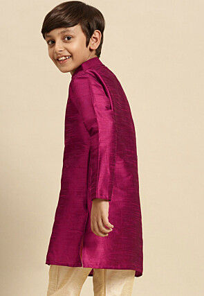 Embroidered Dupion Silk Kurta Set in Magenta