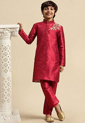 Embroidered Dupion Silk Kurta Set in Magenta