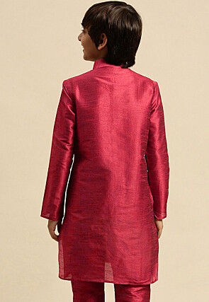 Embroidered Dupion Silk Kurta Set in Magenta