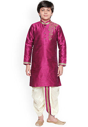 Embroidered Dupion Silk Kurta Set in Margenta