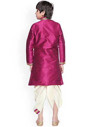 Embroidered Dupion Silk Kurta Set in Margenta