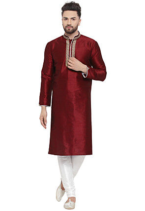 Embroidered Dupion Silk Kurta Set in Maroon