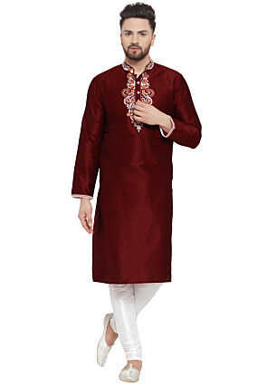 Embroidered Dupion Silk Kurta Set in Maroon