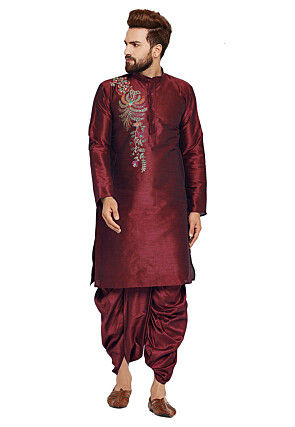 Embroidered Dupion Silk Kurta Set in Maroon