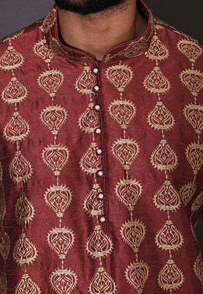 Embroidered Dupion Silk Kurta Set in Maroon
