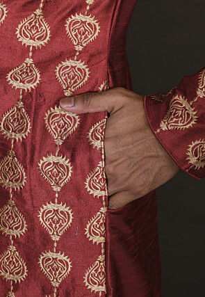 Embroidered Dupion Silk Kurta Set in Maroon