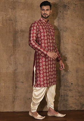 Embroidered Dupion Silk Kurta Set in Maroon