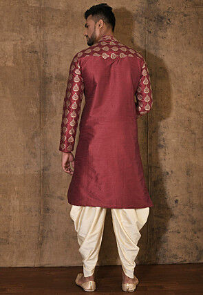Embroidered Dupion Silk Kurta Set in Maroon