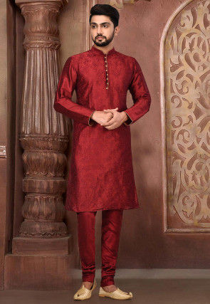 Embroidered Dupion Silk Kurta Set in Maroon