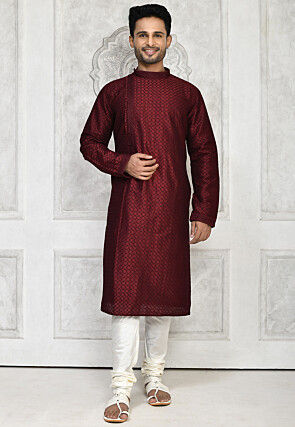 Embroidered Dupion Silk Kurta Set in Maroon