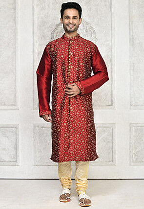 Embroidered Dupion Silk Kurta Set in Maroon