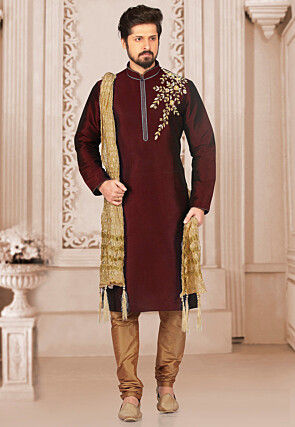 Embroidered Dupion Silk Kurta Set in Maroon