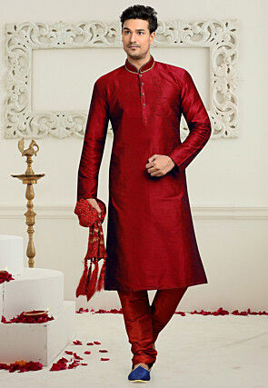 Embroidered Dupion Silk Kurta Set in Maroon