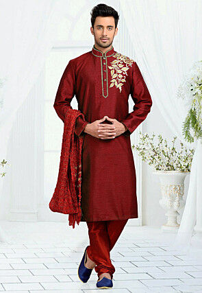 Embroidered Dupion Silk Kurta Set in Maroon