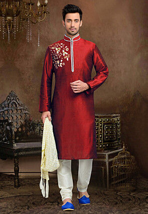 Embroidered Dupion Silk Kurta Set in Maroon