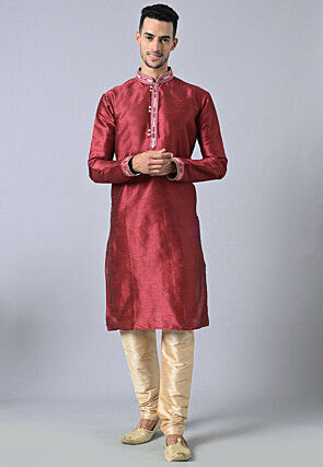 Embroidered Dupion Silk Kurta Set in Maroon