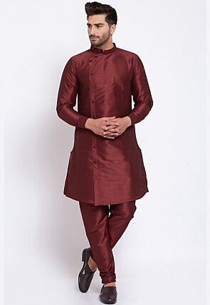 Embroidered Dupion Silk Kurta Set in Maroon