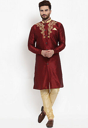 Embroidered Dupion Silk Kurta Set in Maroon