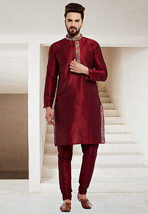 Embroidered Dupion Silk Kurta Set in Maroon