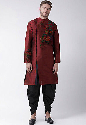 Embroidered Dupion Silk Kurta Set in Maroon