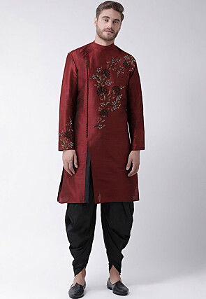 Embroidered Dupion Silk Kurta Set in Maroon