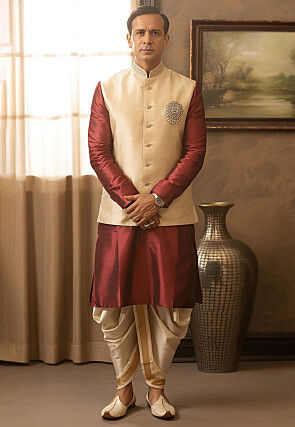 Embroidered Dupion Silk Kurta Set in Maroon and Cream