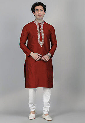 Embroidered Dupion Silk Kurta Set in Maroon