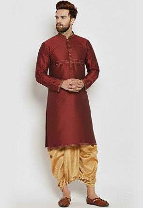 Embroidered Dupion Silk Kurta Set in Maroon