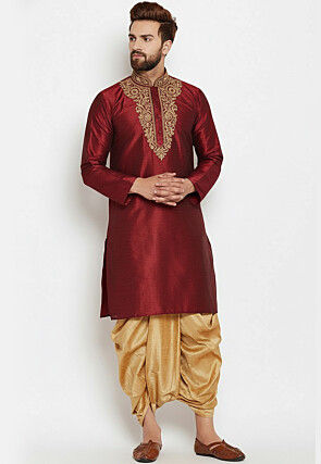 Embroidered Dupion Silk Kurta Set in Maroon