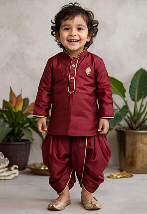 Embroidered Dupion Silk Kurta Set in Maroon