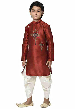 Embroidered Dupion Silk Kurta Set in Maroon