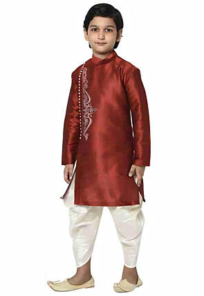 Embroidered Dupion Silk Kurta Set in Maroon