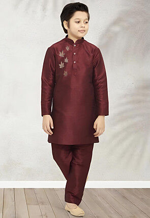 Embroidered Dupion Silk Kurta Set in Maroon