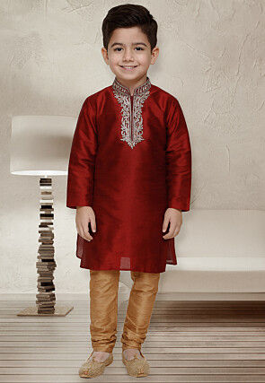 Embroidered Dupion Silk Kurta Set in Maroon