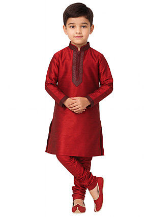 Embroidered Dupion Silk Kurta Set in Maroon
